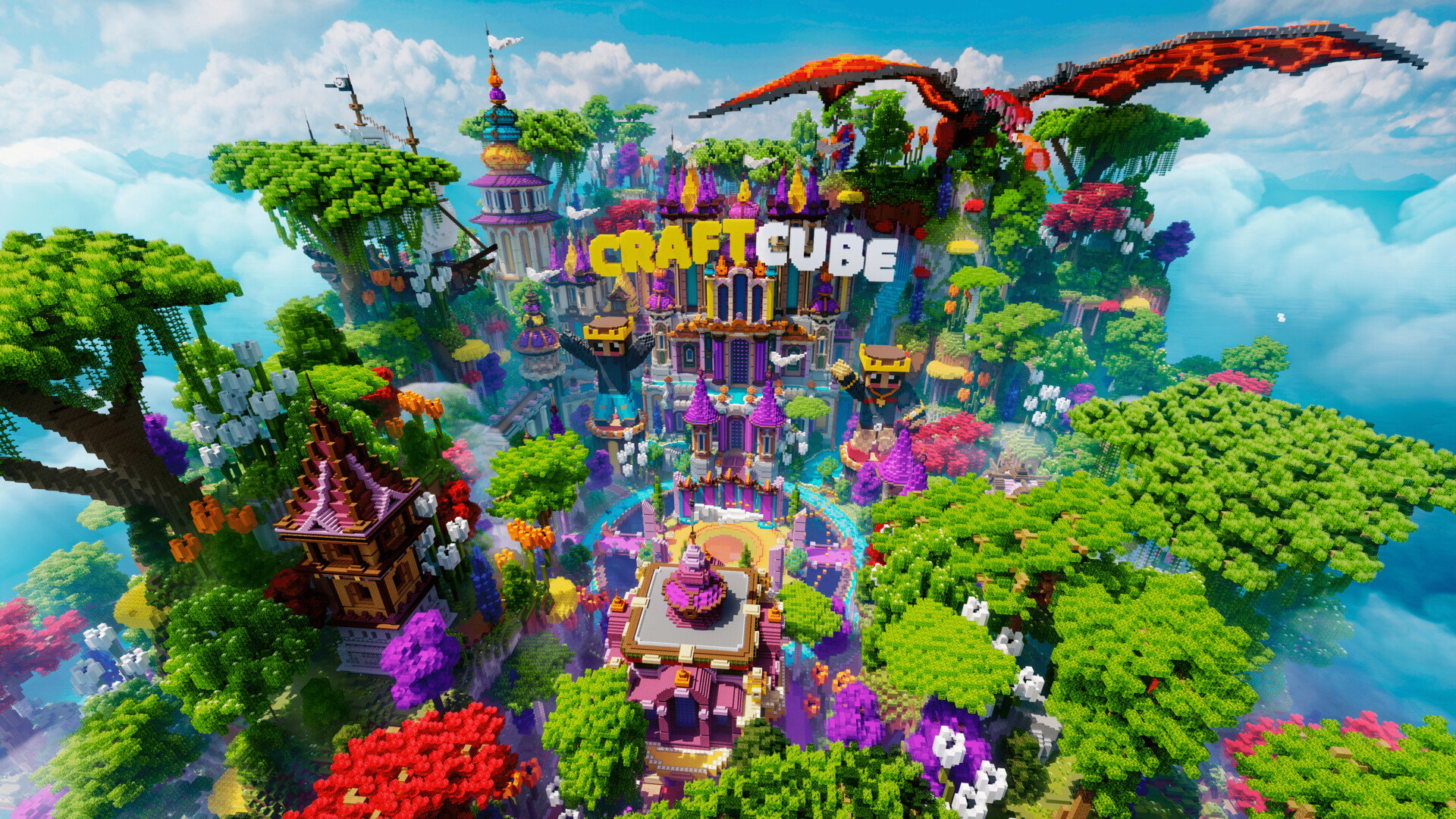 A green kingdom among the clouds, monumental architecture and a dragon watching over the world.