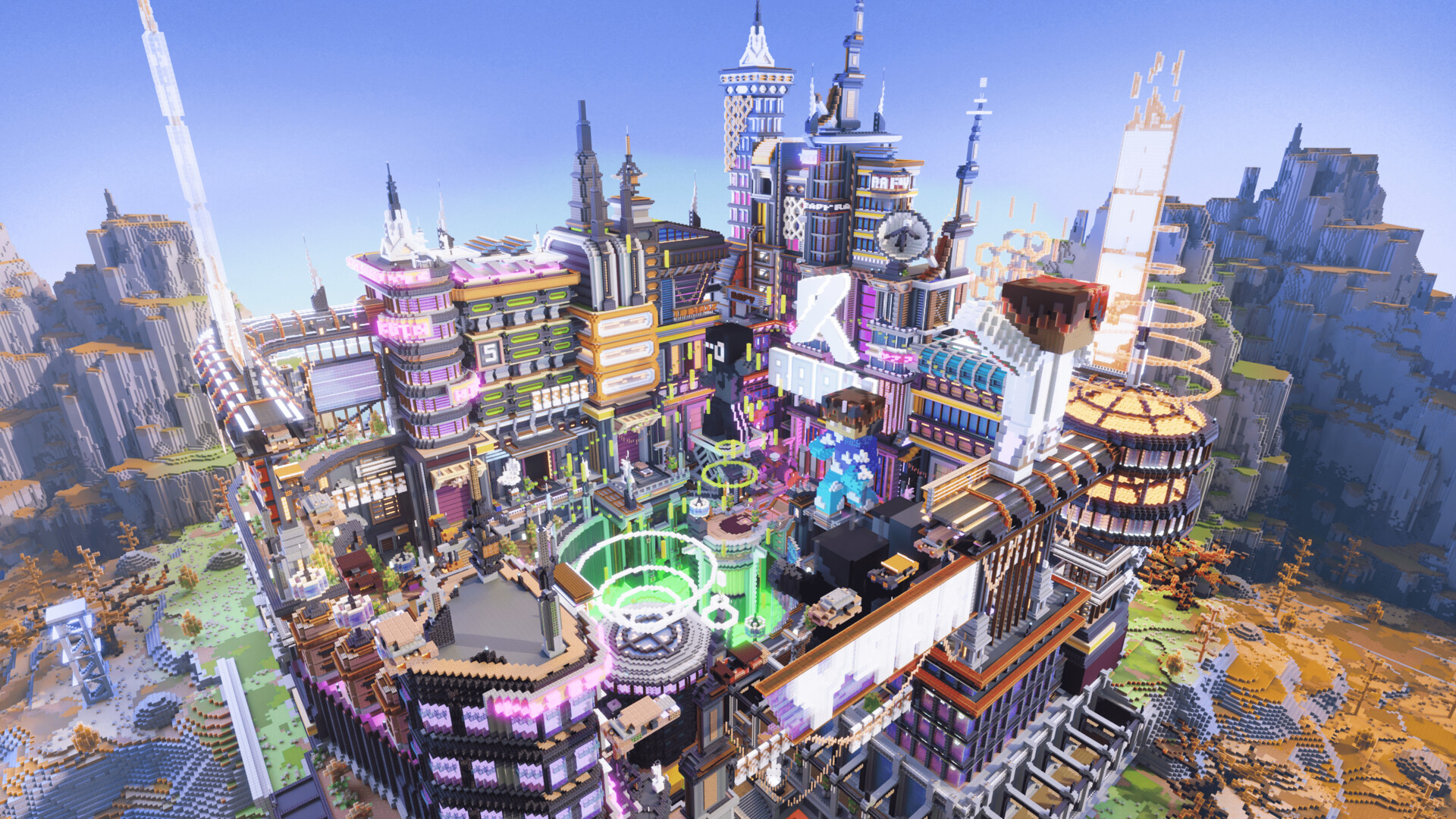 Layered science fiction architecture, glowing towers and a city full of detail.