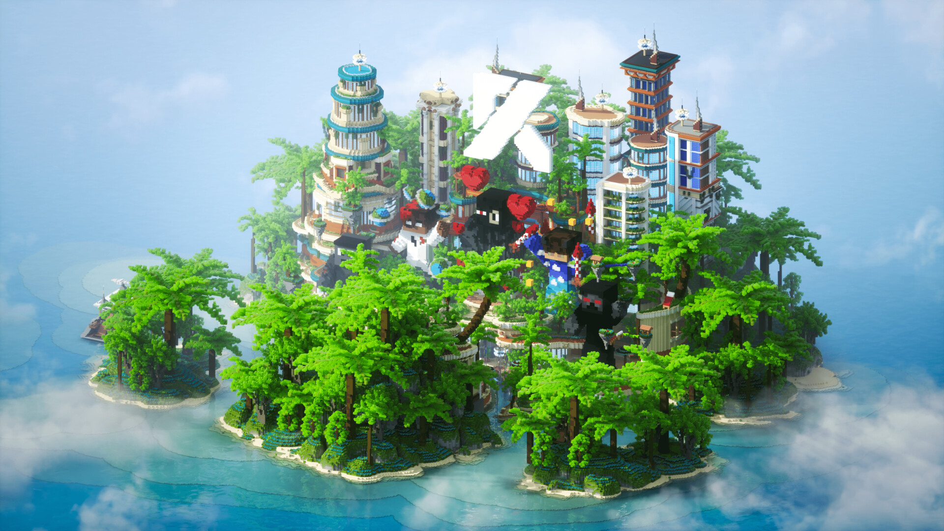 Modern towers, giant characters and tropical greenery on an island surrounded by water.
