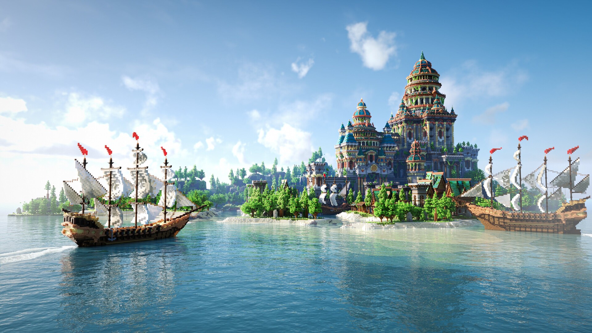 A monumental waterfront palace, ornate towers and sailing ships moored in the harbor.