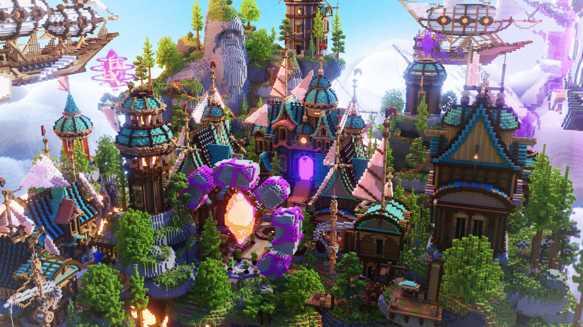A sky realm of grand palaces, flying ships and intricate architectural details.